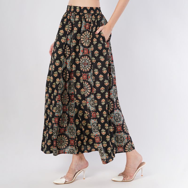 Rabhika Women’s Black Pure Cotton Patterned Maxi Skirt, Comfortable Long Skirt for Everyday, Office & Casual Wear| 2XL 4