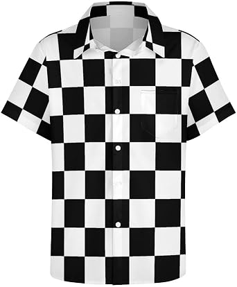 Black White Race Checkered Flag Pattern Mens Short Sleeve Casual Loose Button Down Shirt Hawaiian Beach Shirt