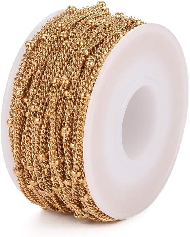 Pandahall 32.8 Feet/10M 304 Stainless Steel Twisted Curb Chains 3.5mm Soldered Satellite Chains with Spool for Bracelet Necklace Jewelry Making (Golden)
