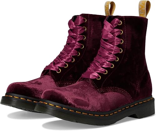 Dr. Martens Bottes tendance végétaliennes 1460 Pascal Velvet à 8 œillets pour femme, rouge cerise, 36 EU - 1