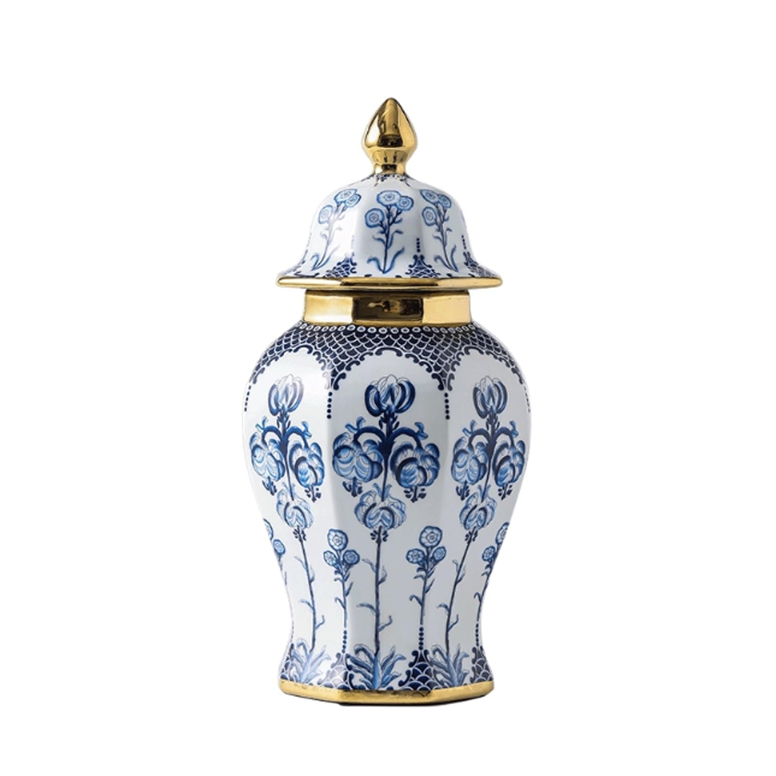 Ginger Jar Chinoiserie Vase Floral Porcelain with Lid Ginger Jars Blue and White Temple Jar Hexagonal Storage Jar Ceramic Flower Vase(17.5x45cm)