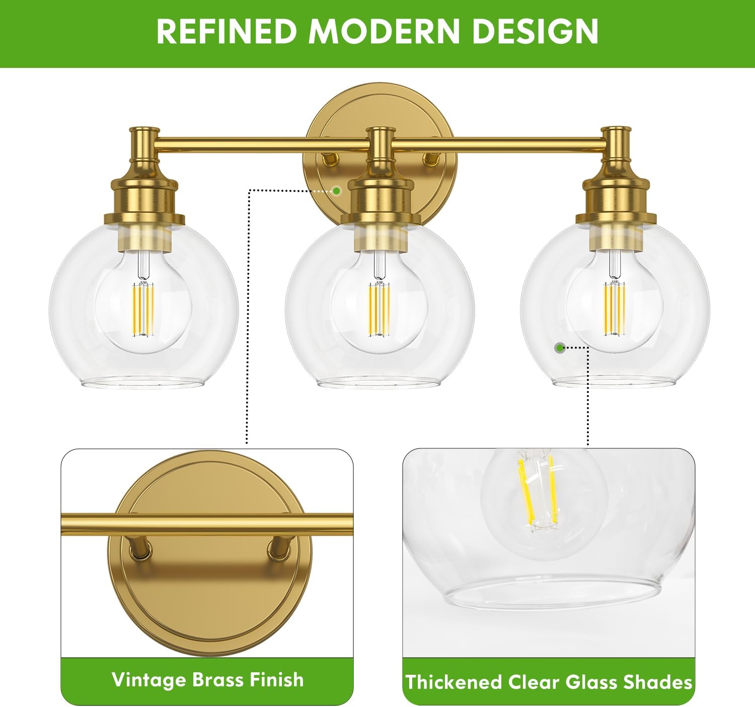 Bathroom Light Fixtures, 3-Light Brushed Gold Vanity Light Globe Glass Shades, Bathroom Lighting Fixtures Over Mirror, Wall Sconces for Master Bathroom, Guest Bathroom, Powder Room, 20-inch