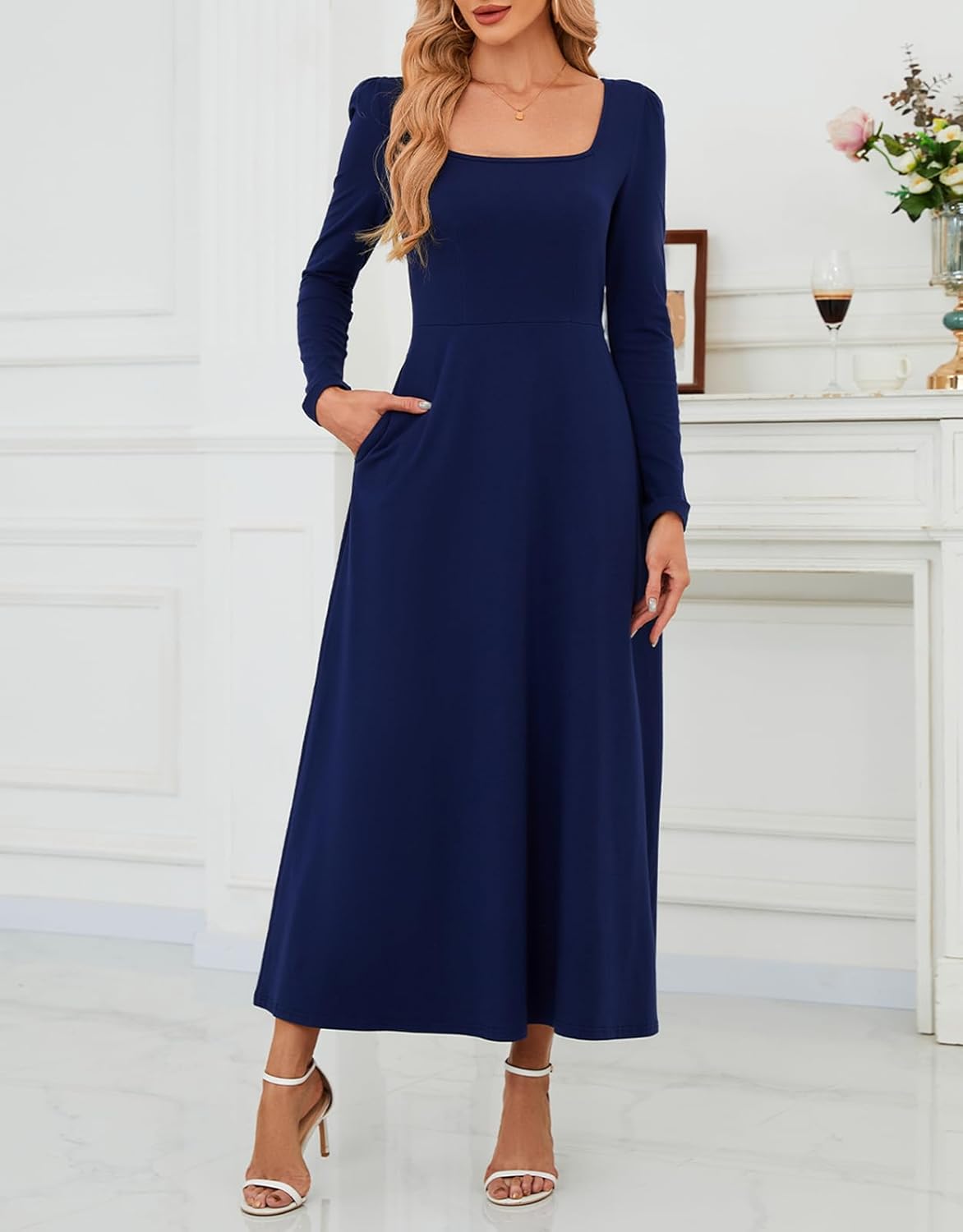 Womens Long Sleeve Dresses Casual Spring Maxi Dresses Square Neck A Line Elegant Flowy Dresses with Pockets - Image 2
