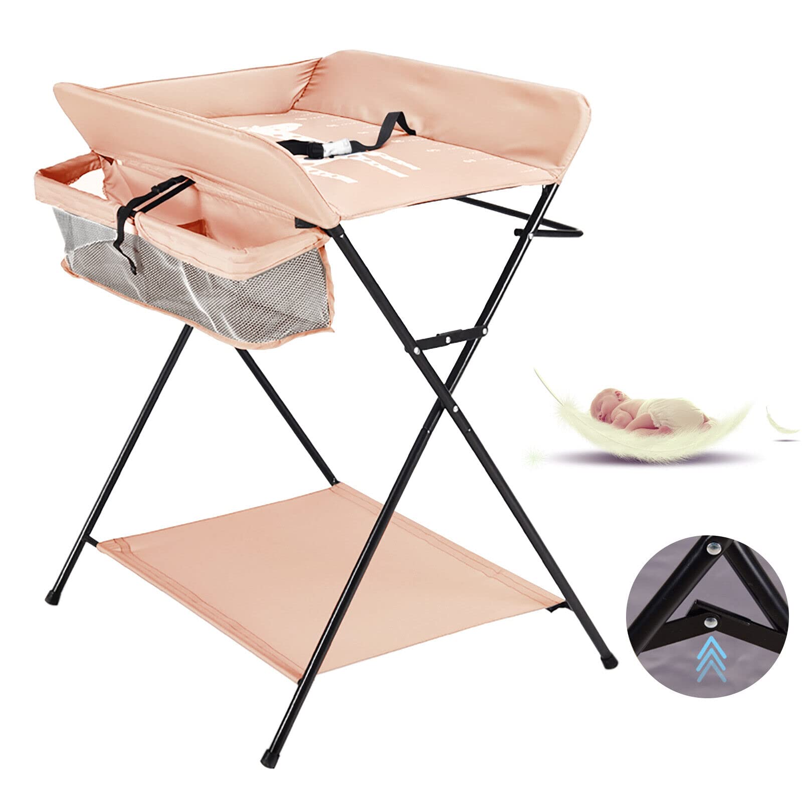 Cambiador plegable para bebé con cambiador, cinturón de seguridad y compartimentos, cambiador con escala de altura para bebés menores de 15 kg o 0-1 años, 63 x 80 cm (caqui)