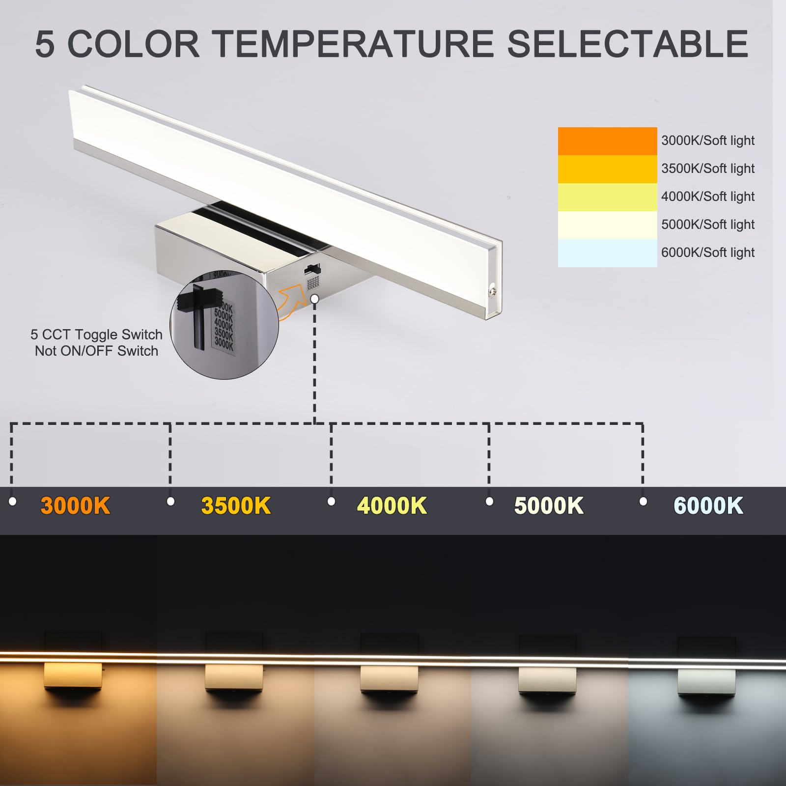 BRIVOLART Modern Bathroom Vanity Light 15.7 inch 12W Dimmable 5CCT Led Bath Lights Fixture Over Mirror, Chrome Vanity Light for Bathroom Mirror Cabinets