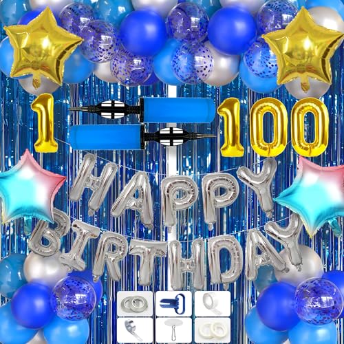 GQCOG Birthday Decorations 111 Pcs Set,Happy Birthday Banner- Number Balloons 1-100,2 Pack Balloon Pump Hand Held, 50 Pack 12 Inch Latex Balloons,2 Pack Foil Fringe Curtains, balloon garland kit by GQCOG - Used condition - US$17.04