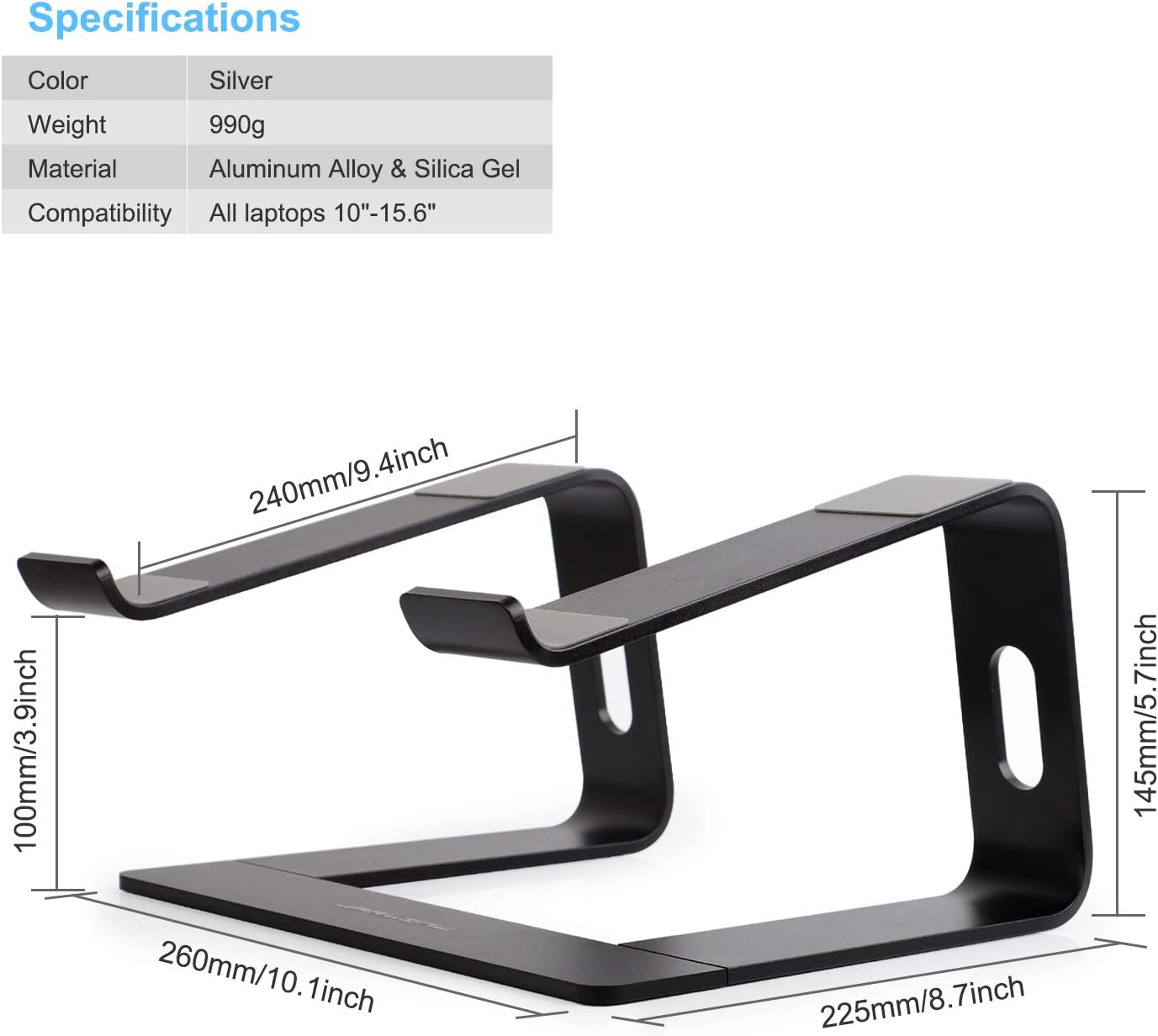 JARLINK Aluminum Laptop Stand, Ergonomic Detachable Laptop Holder Riser Compatible with MacBook Air Pro/Dell XPS/HP/Lenovo (up to 15.6 inches), Black