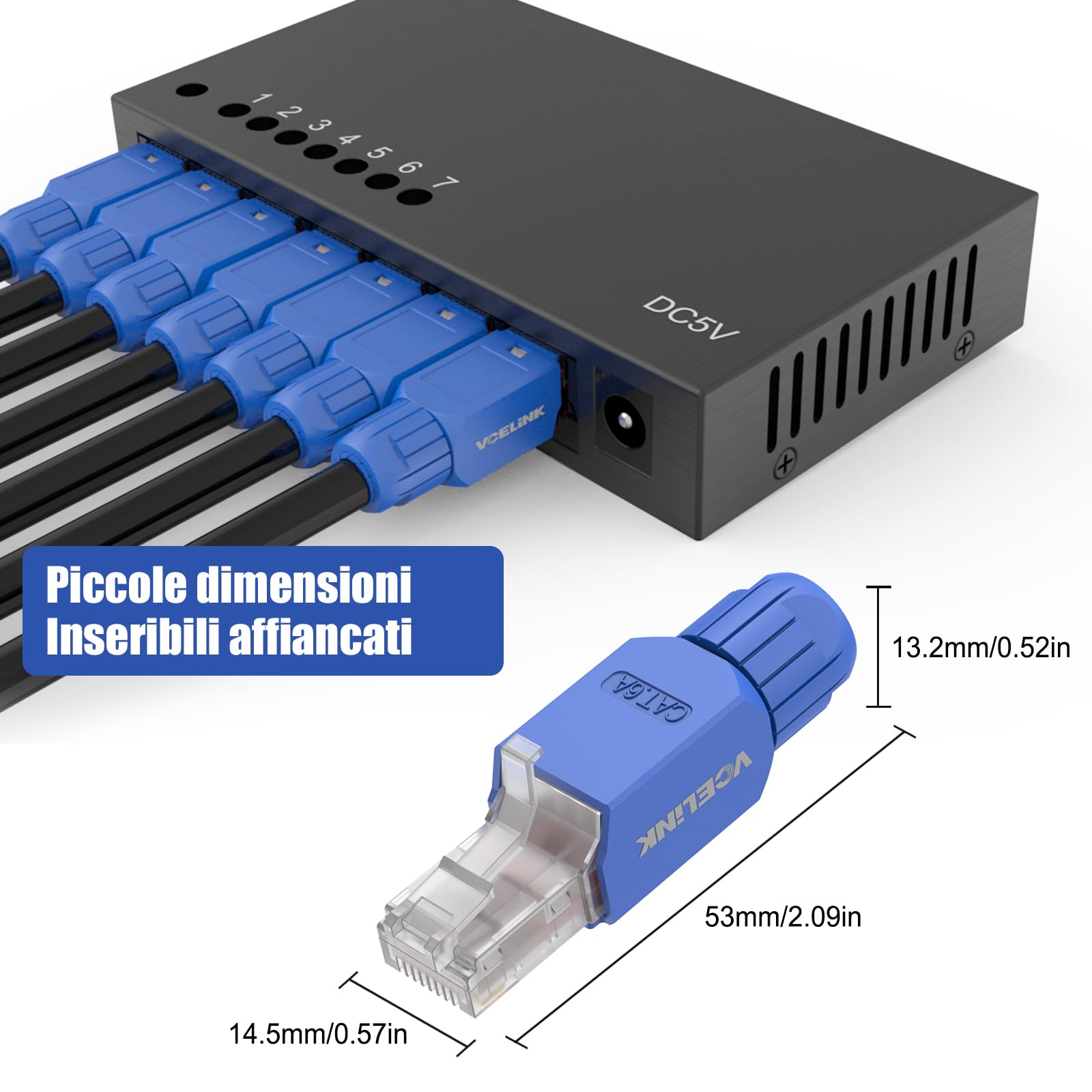 VCELINK Cat6A Connettori RJ45 Senza Attrezzi, 10Gbps/500MHz, UTP Plug Ethernet Placcato Oro Riutilizzabili per Router, Switch, Modem, PC, Facili da Installare, Blu, 4 Pezzi