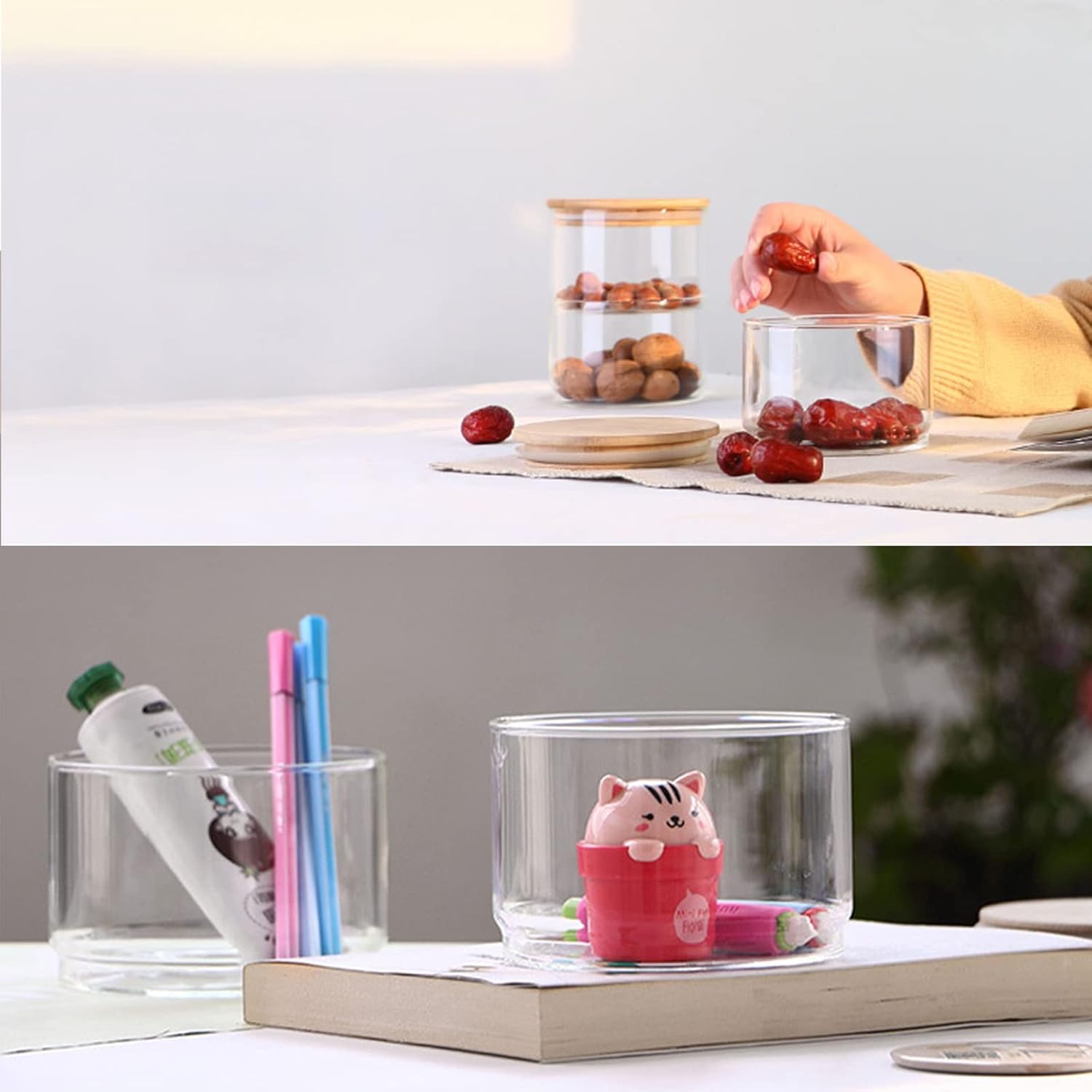 Stackable Glass Jars with Bamboo Lids, Tiered Glass Storage Jars, Stackable Storage Containers, Clear Glass Jars with Airtight Lids, Airtight Sealed Storage Containers Canisters for Kitchen(4 Layers)