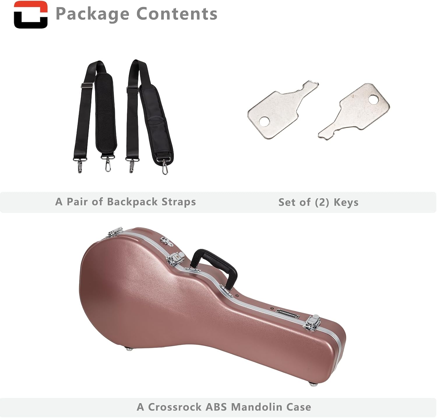 Crossrock ABS Molded Case for F-Style Mandolin | Matte Finish, Plush Interior, Locking Latch, Backpack Straps – Durable Hardshell Protection-Rose Gold (CRA862MFRG)
