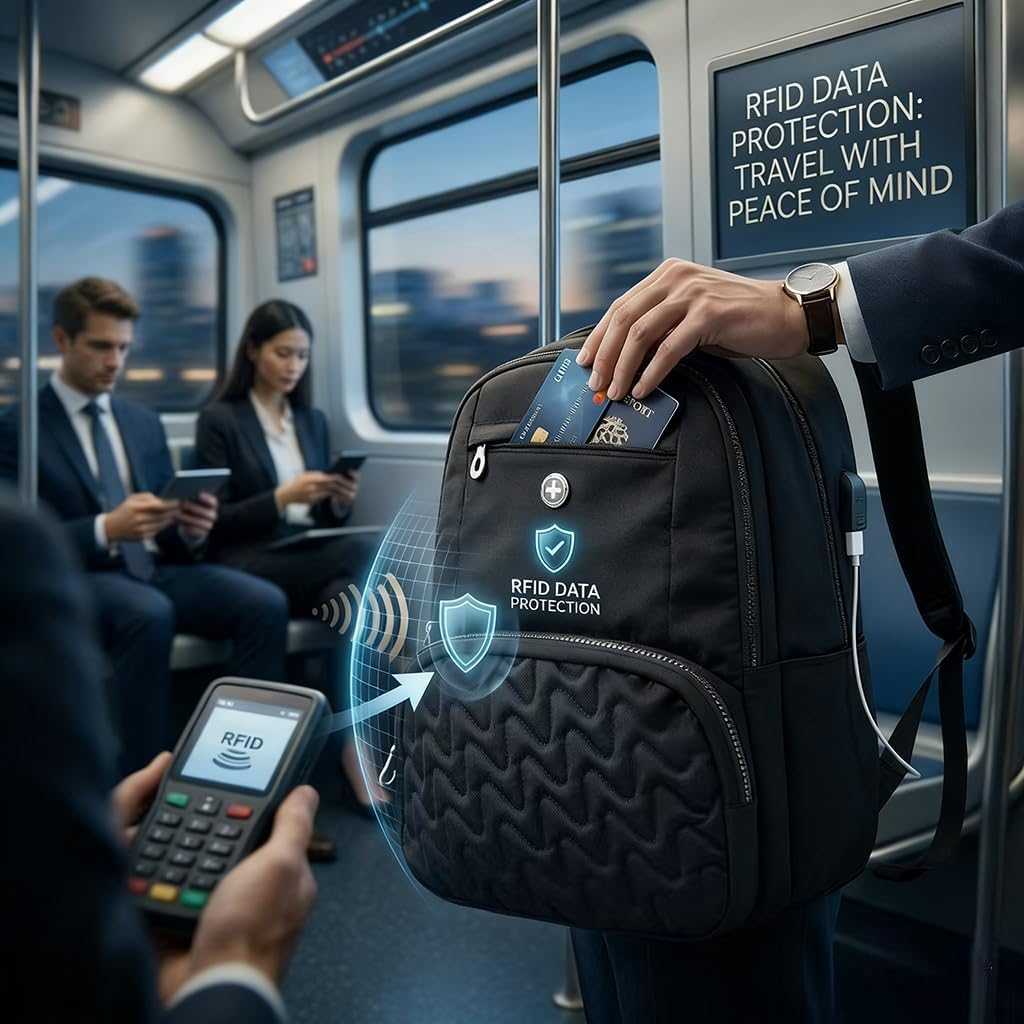 Swissdigital Design Women's Laptop Backpack, 15.6 Inch Slim Commuter Bag with RFID Protection & USB-C Charging Port - Lightweight 20L College Bookbag for Travel & Work, Black (SD1711-01)