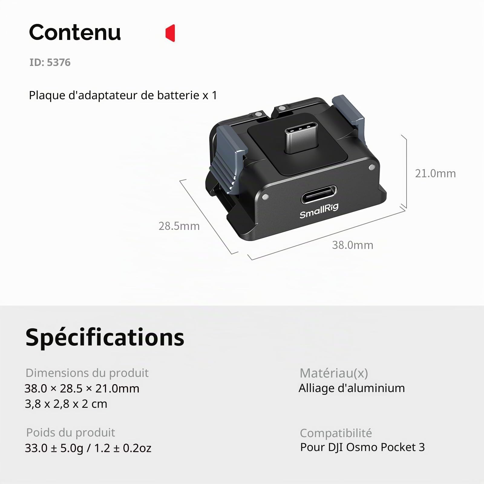 SMALLRIG Adaptateur de Charge pour DJI Osmo Pocket 4/3, Station de Charge de Bureau en Aluminium de Type C avec Trou de Vis de 6,35 mm et Support Pliable à Deux Griffes pour Trépieds/Perches à Selfie