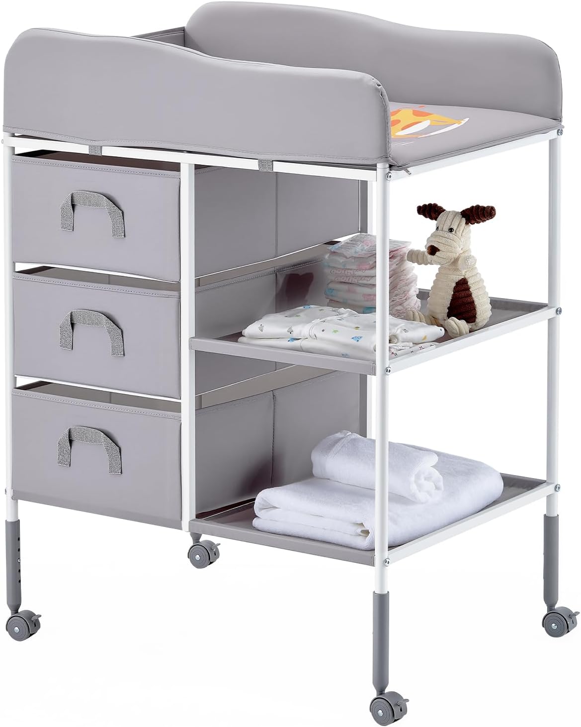 VEVOR Fasciatoio per Neonati Stazione Portatile Multifunzionale per Il Cambio del Pannolino con 3 Cassetti in Tessuto e Ruote Bloccabili Altezza Regolabile per la Cameretta dei Bambini Grigio