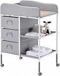 VEVOR Baby Changing Table, Foldable Diaper Change Station with 2 Fabric Drawers, Side Basket & Hanging Rod, Adjustable Height Portable Changing Table with Lockable Wheels & 2 Star Toys, Light Gray