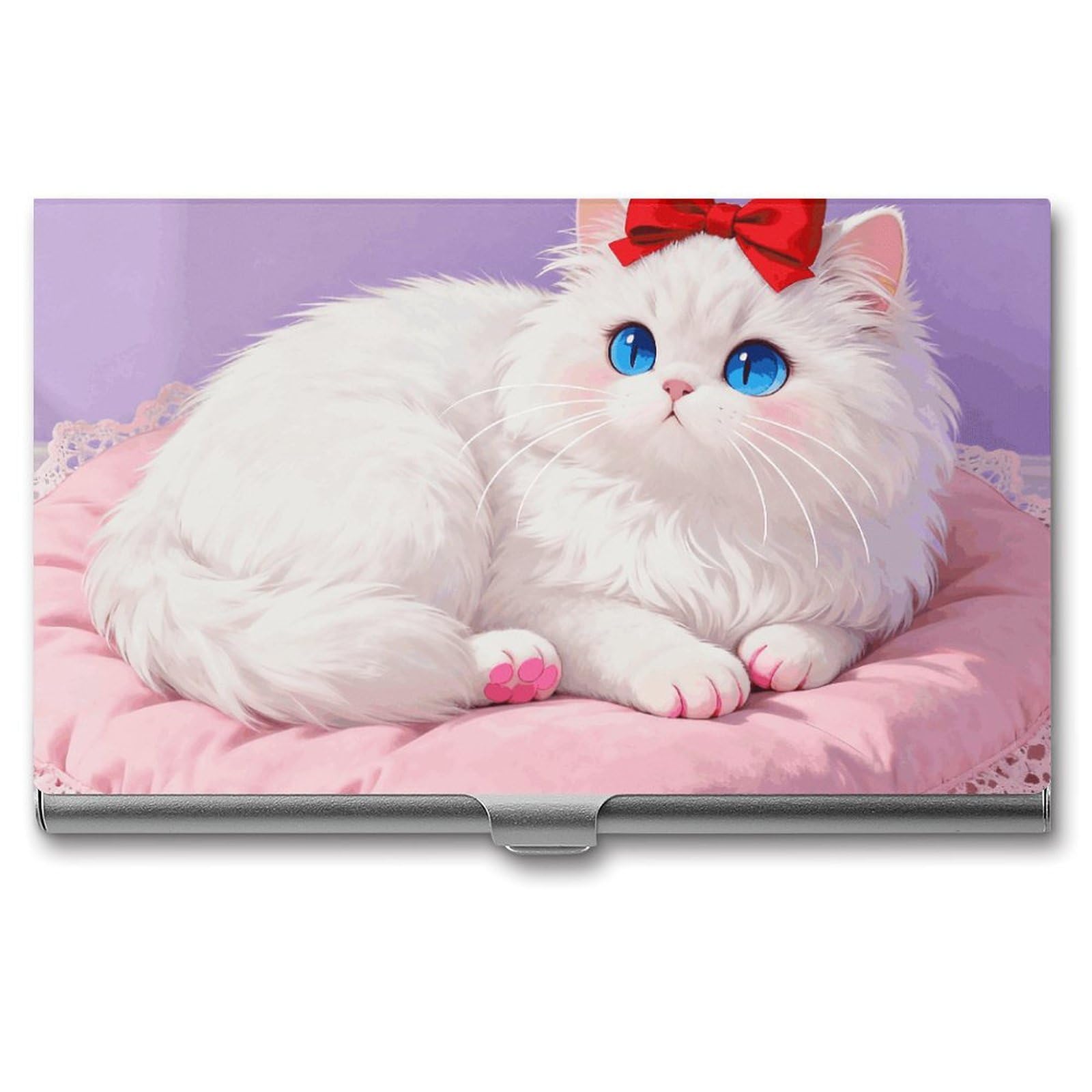DWVTSLH Blue-Eyed Cat Business Card Holder, Slim Portable Metal Business Card Case Pocket Wallet Professional Name Cards Holder for 22-30 Cards, Credit Card ID Case/Holder for Men Women