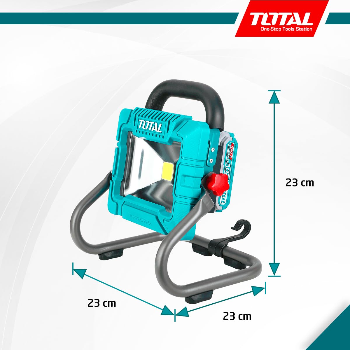 Total - Foco LED a Batería 20V - Iluminación Potente y Regulable para Exteriores, Jardines, Obras y Campamentos - Incluye Batería de 2Ah y Cargador - 900-1800 Lúmenes - Medidas: 63 x 23 x 3 cm
