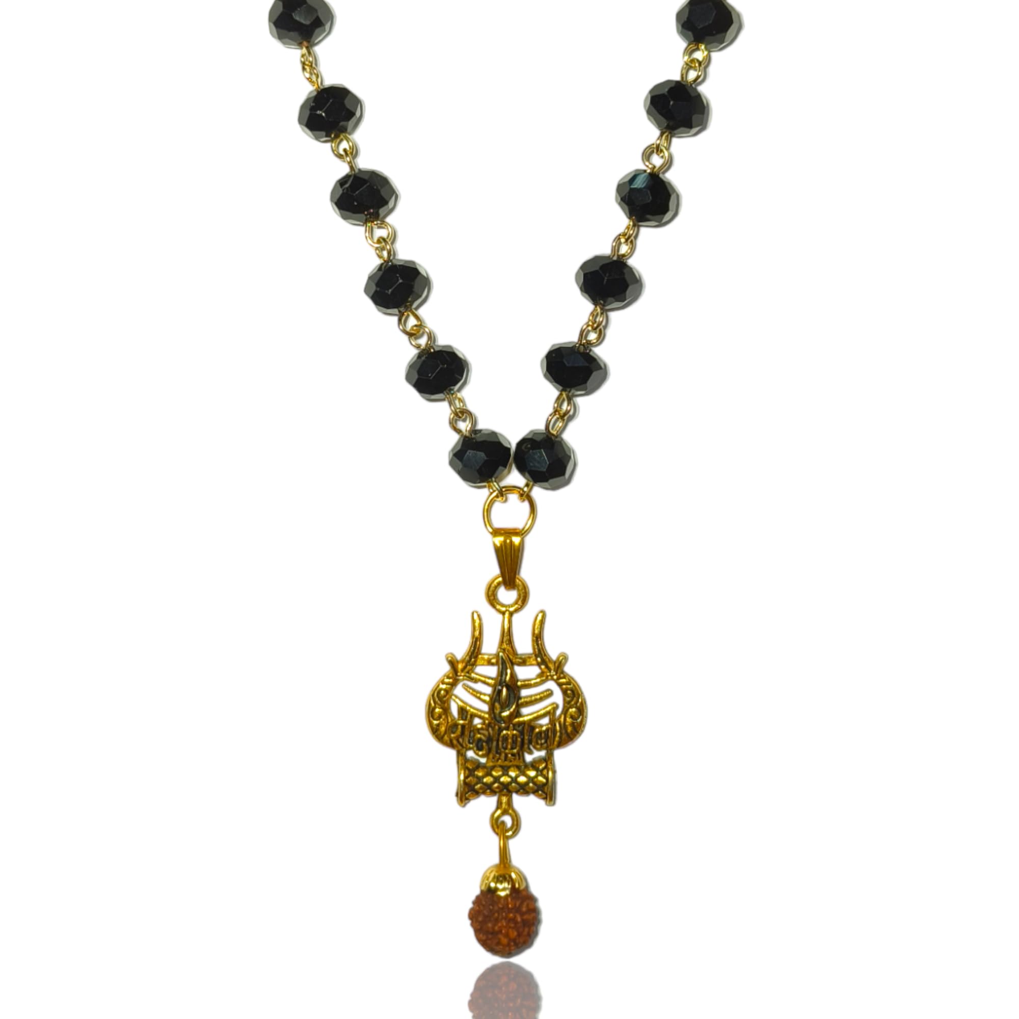 Lord Shiva Trishul Pendant with Rudraksha Drop & Black Crystal Beads Mala | Gold Plated Mahadev Mahamrityunjaya Mantra Locket Necklace for Men & Women | Spiritual Religious Jewellery | Ideal for Gifting-image-19