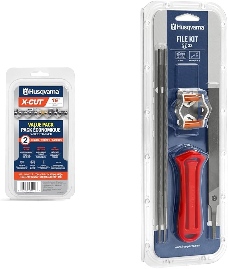 Husqvarna X-Cut SP33G 16" Chainsaw Chain 2-Pack and Chainsaw File Sharpening Kit for .325" Chainsaw Chains