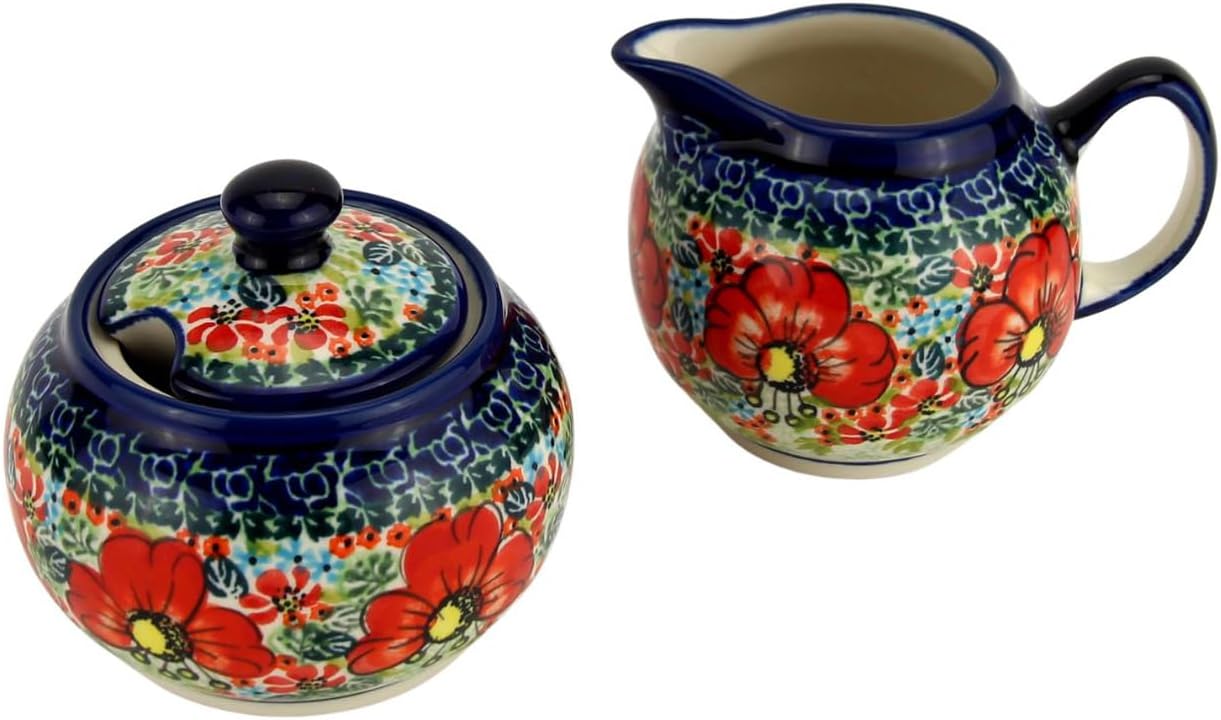 Polish Pottery Market Sugar Bowl with Lid and Creamer Set - 10 Oz. Sugar Bowl & 9 Oz. Cream Pitcher -Hand-painted Polish Stoneware by Zaklady Boleslawiec Poland