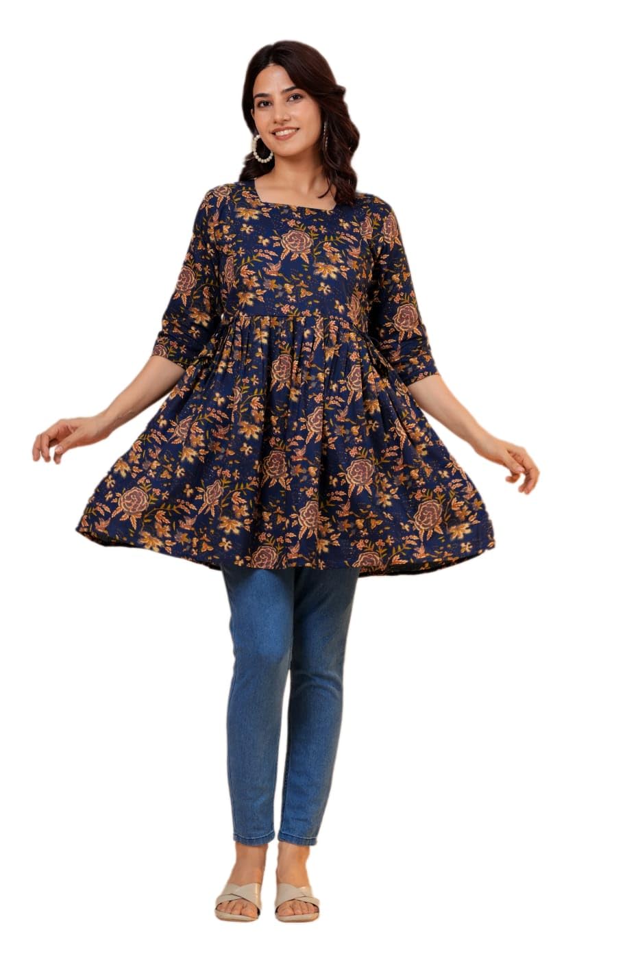 Women's Navy Blue Floral Maternity & Nursing Kurti Top-picture-44