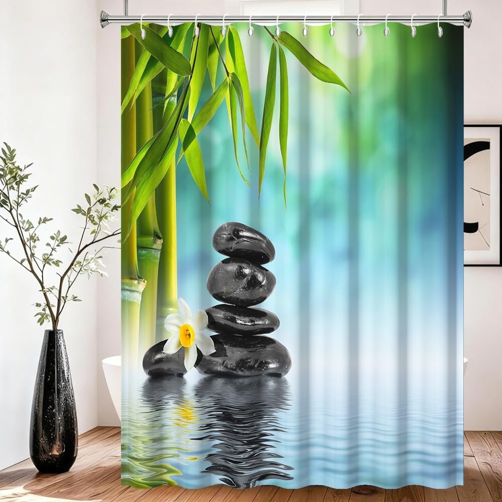 Terme GiardinoTenda da doccia Centro benessere verde bambù nero pietra fiore tenda da bagno Semplice tenda da doccia impermeabile Tessuto impermeabile lavabile in lavatrice 120x200cm