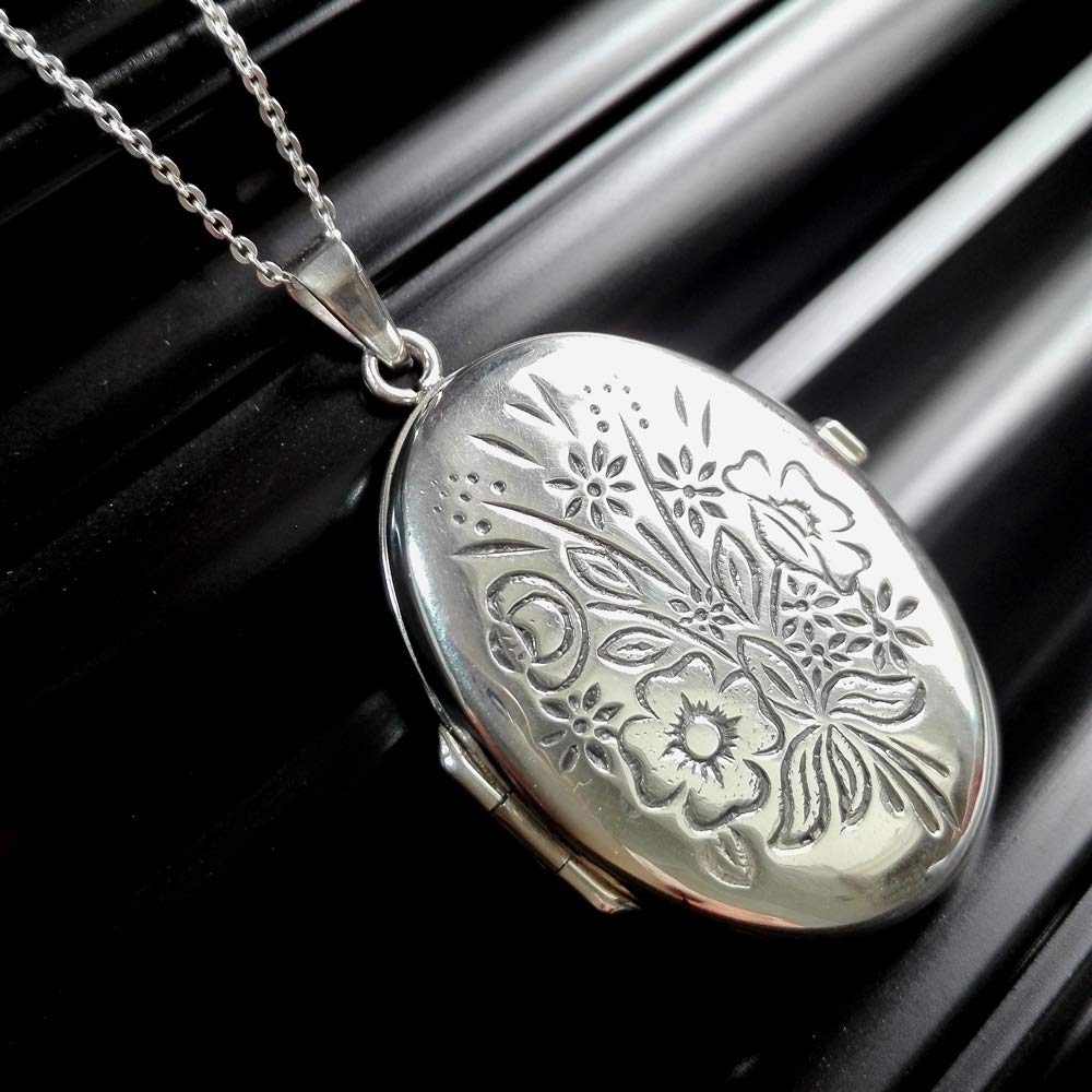 Collar Colgante Guardapelo de Plata De Ley para Mujer Oval con Flores - Incluye una Cadena de Plata de 45 cm y un Estuche para Regalo