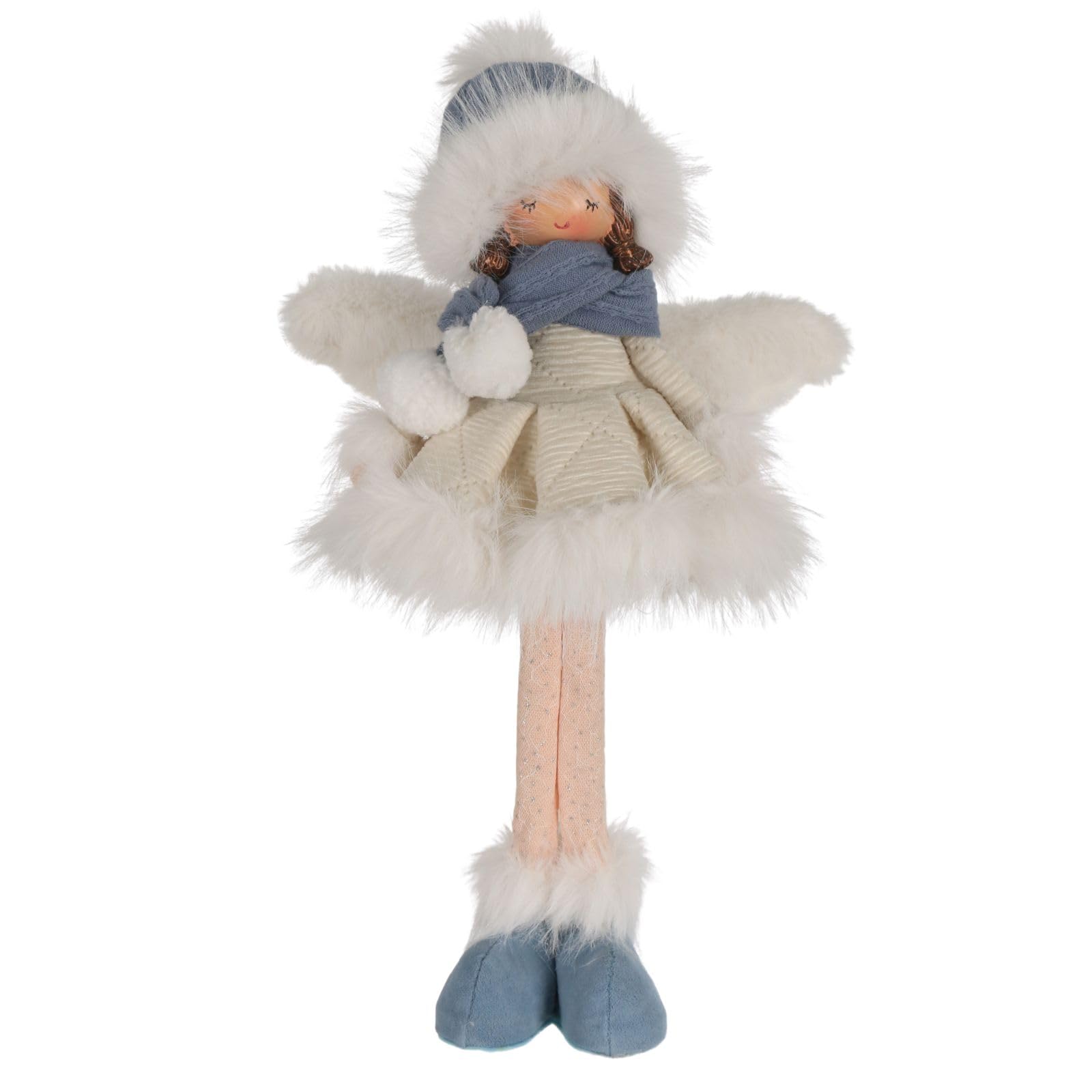 Mr Crimbo Standing Angel Christmas Decoration – 43cm Blue Fabric Ornament with Fleece Wings & Faux Fur Trim, Soft Indoor Figurine for Peaceful Seasonal Display
