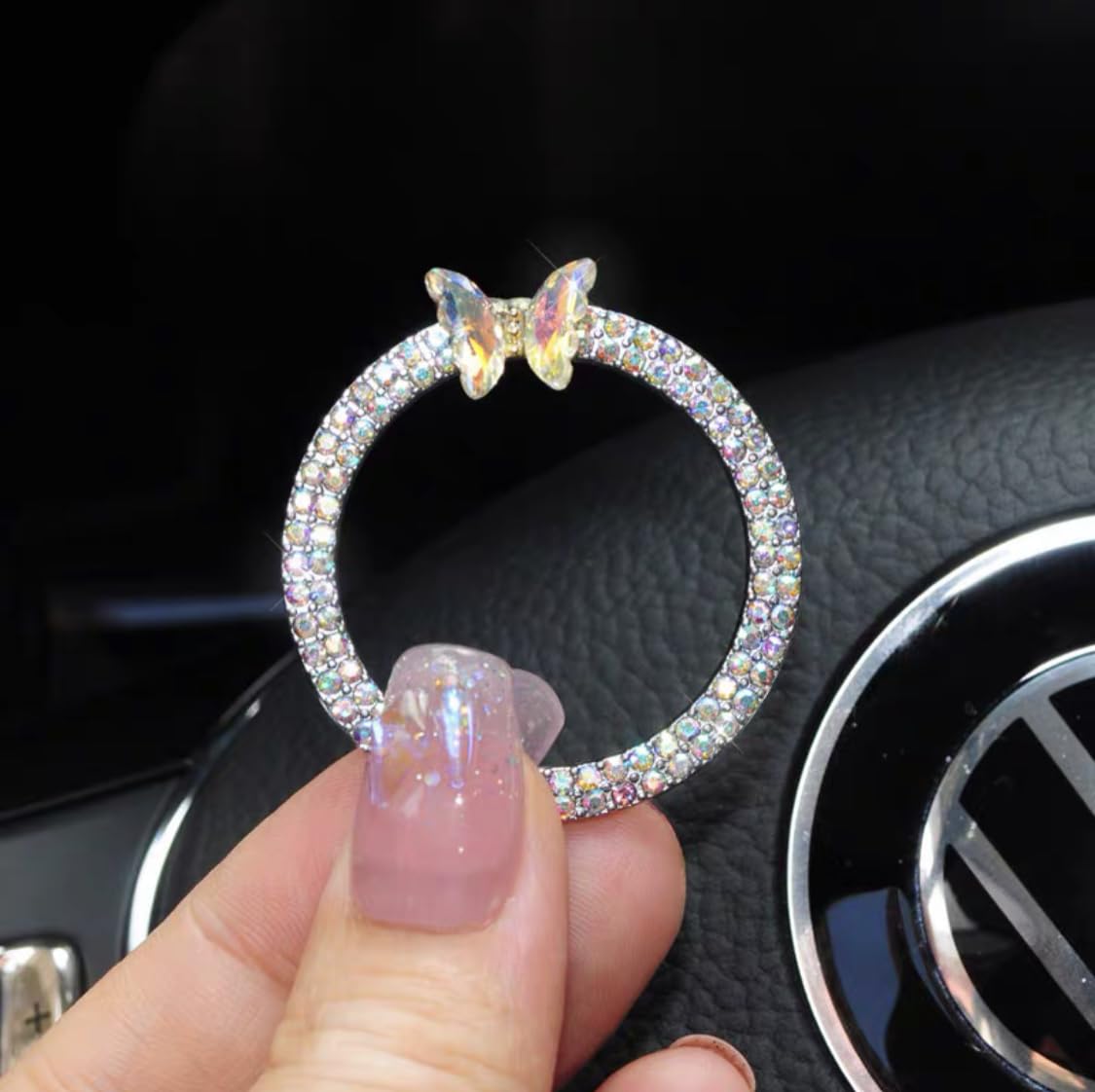 Bling Ring Emblem Car Accessories - Rhinestone Crystal Ring for Car Buttons &amp; Knobs, Push to Start Button Cover, Key Ignition Starter &amp; Knob Ring for Women (Colorful Butterfly)