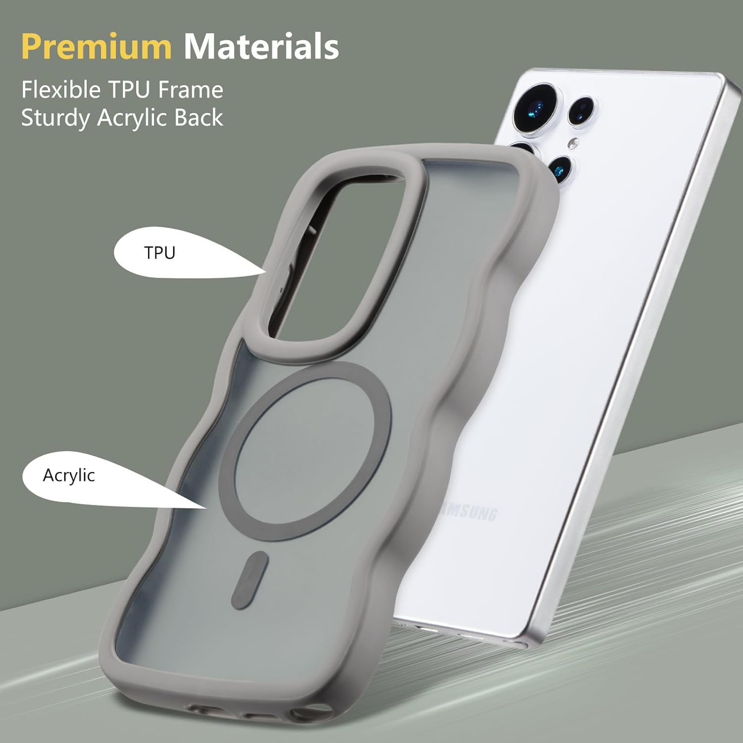 XIZYO for Samsung Galaxy S25 Ultra Case, Cute Wavy Compatible with Magsafe, Curly Wave Frame Women Men Magnetic Clear Matte TPU Bumper Shockproof Case for S25 Ultra, Grey - Image 4