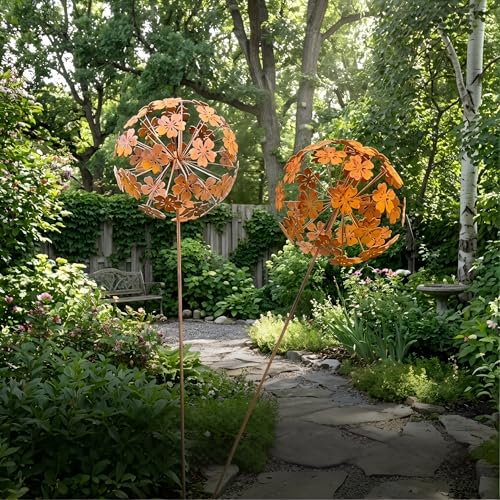 2 Stück Gartenstecker Blume Rost Deko Metall Naturrost Rostdeko Gartendeko Metall Rost Flower Ball Gartenkugeln für Garten Terrasse Balkon Vorgarten & Außenbereich Gartenstecker frühling (A)