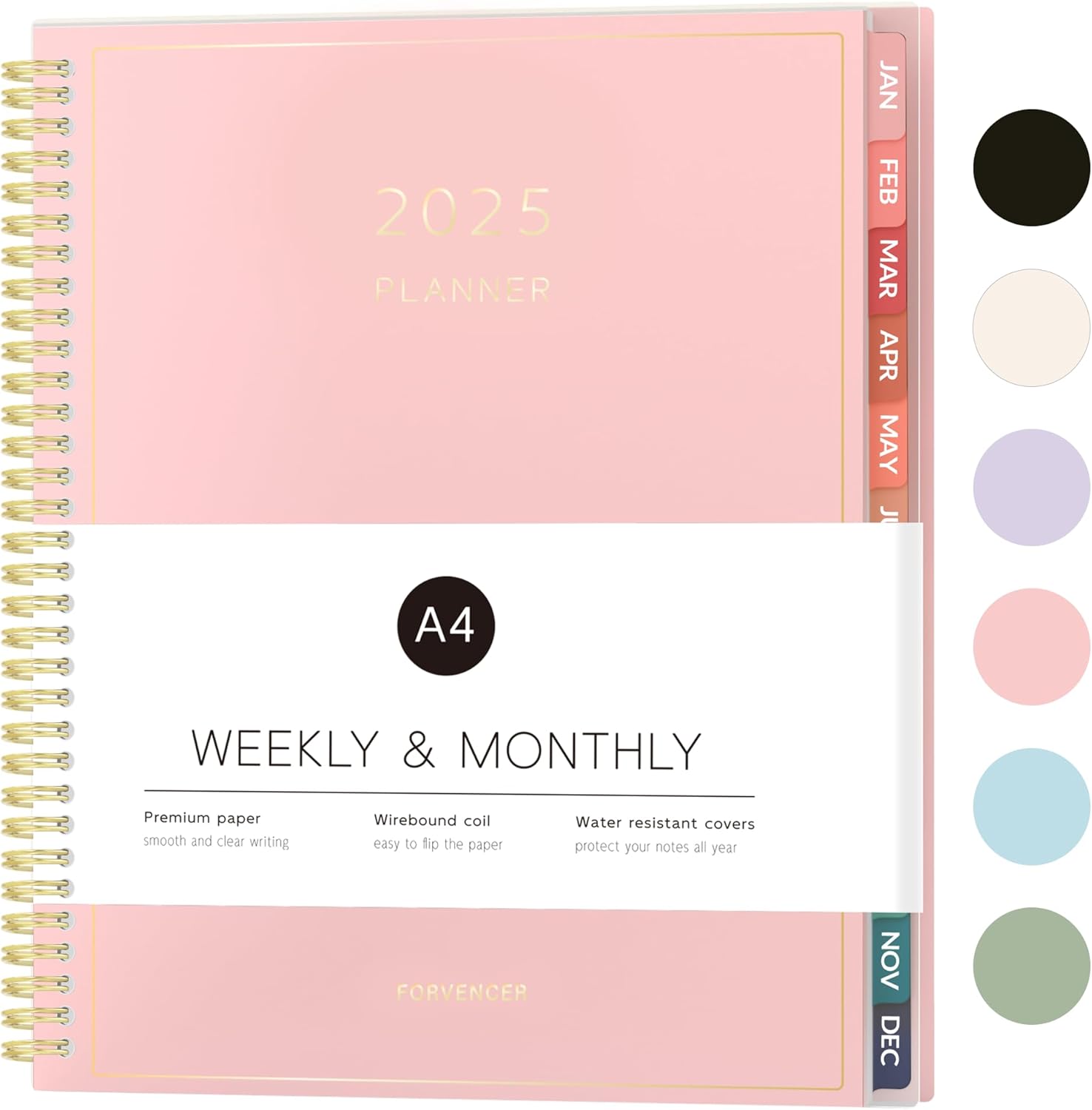Forvencer Planner 2025, Weekly and Monthly Calendar Planner (January 2025 – December 2025), 8.5″ x 11″, Spiral Agenda Planner Book with Tabs, Daily Organizer for School Office Home, A4, Pink