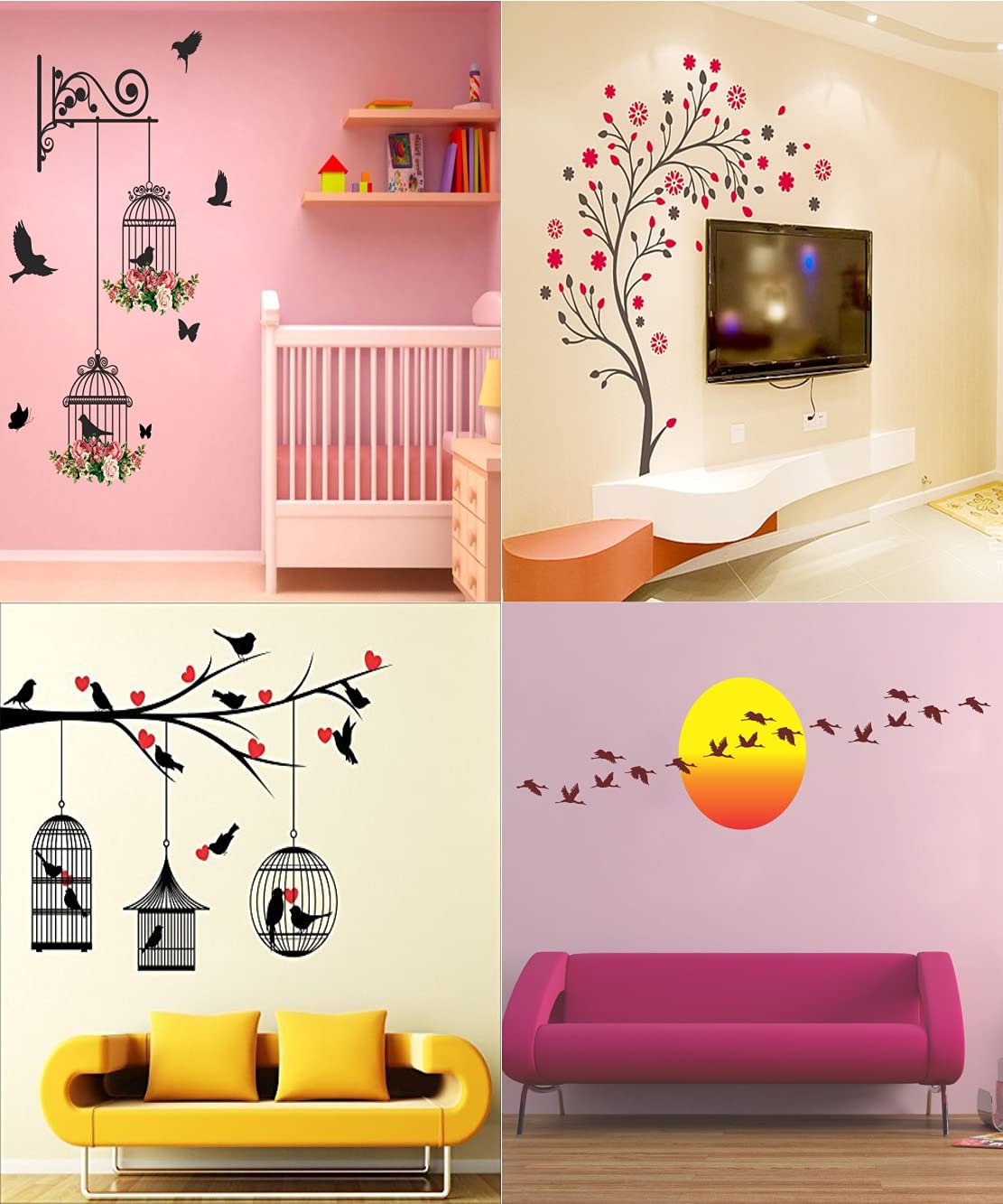 Ghar Kraft PVC Vinyl Wall Sticker Love Birds with Hearts | Branches and Cages | Magical Tree Sunrise with Flying Birds - Multicolor - Set of 4