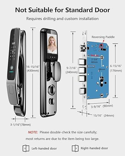 Miniatura 9 de Cerradura inteligente de video de reconocimiento facial 3D con cámara, cerradura inteligente de mortaja de entrada sin llave para puerta delantera,