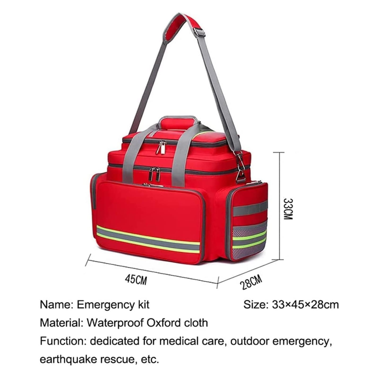 Bolsa de emergencia con múltiples bolsillos, mochila portátil de primeros auxilios con asa y correa para el hombro, diseño de tira reflectante para cuidado de la salud, viajes y rescate al aire libre