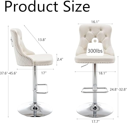 Miniatura 3 de Juego de 2 taburetes de bar de terciopelo, taburetes de bar con altura de mostrador con ribete de cabezas de clavos, anillo de tracción, taburetes