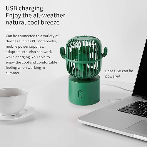 Miniatura 7 de Ventilador personal pequeño USB ventilador de escritorio pequeño, mesa de mano cactus recargable de 80 grados, rotación automática de 3 velocidades,