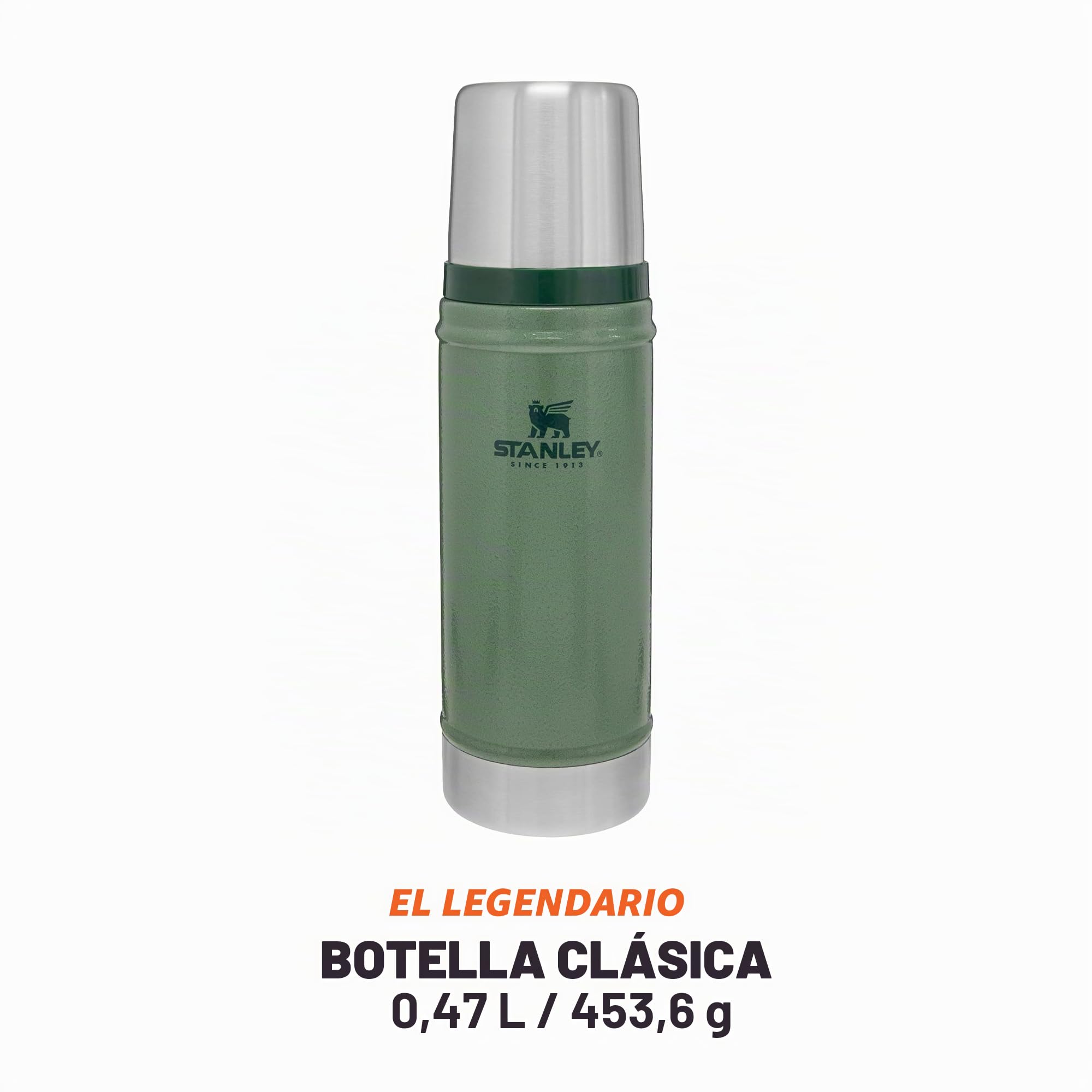 Stanley Classic Legendary Botella Termica 0.47L - Mantiene Frío o Calor 15 Horas - Termo Cafe - Cantimplora Acero Inoxidable - Sin BPA - Apto Para Lavavajillas - Hammertone Green