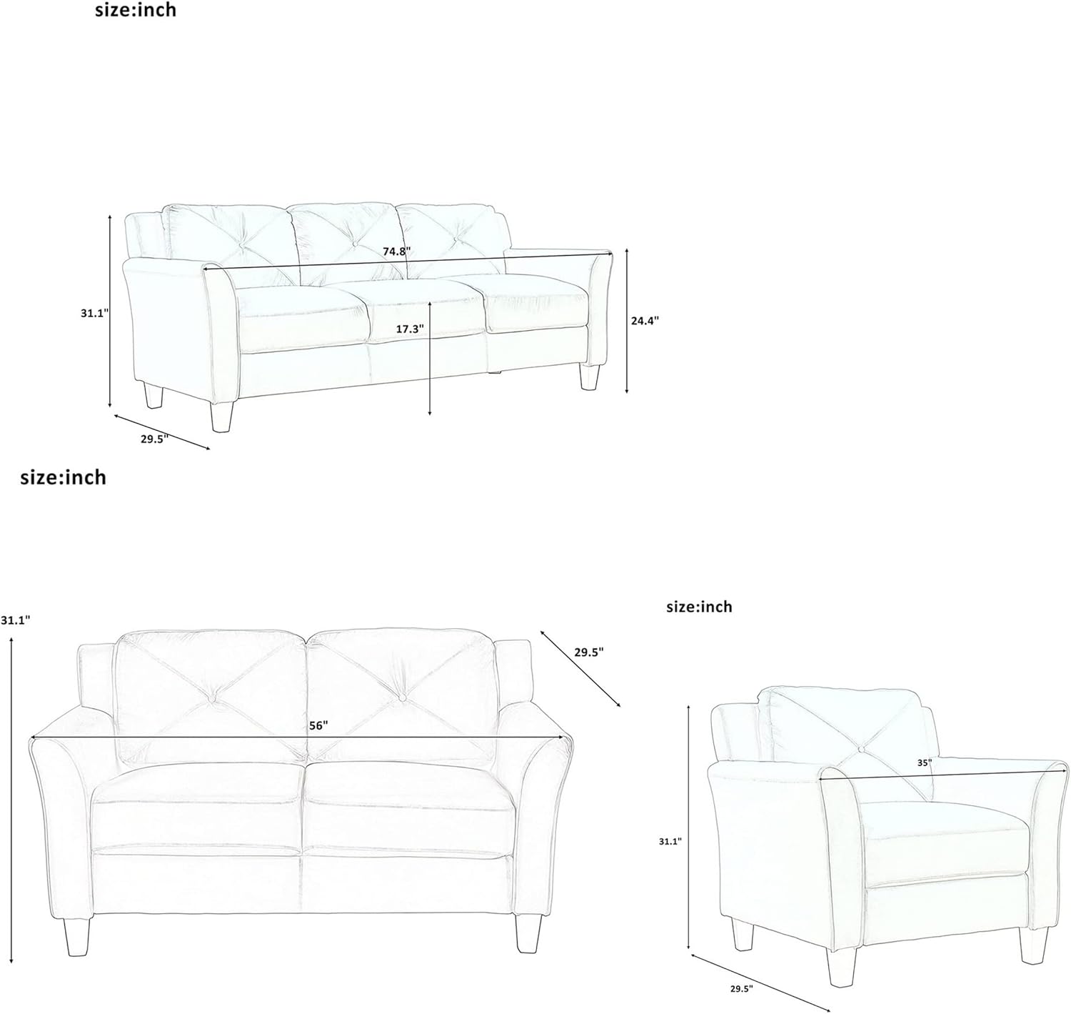 Benjara Juego de sofá moderno de 3 piezas de 75 pulgadas con sillón y