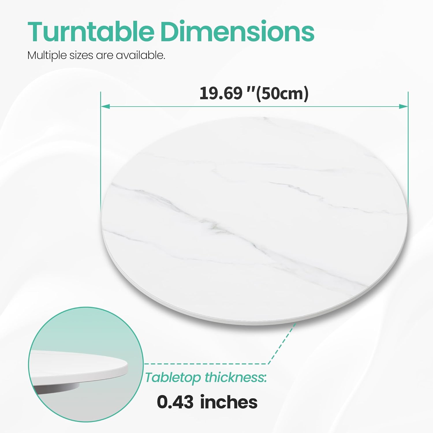 19.7" Lazy Susan Turntable – 360° Sinteredstone Silent Anti-Slip Turntable, Table Top Centerpiece for Kitchen, Pantry, Spice Rack, Refrigerator & Dining Table, White