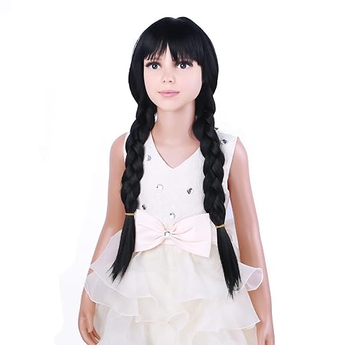 Miniatura 6 de Peluca negra para niñas y niños, peluca larga y recta trenzada negra con flequillo peluca sintética para cosplay infantil con gorra de peluca