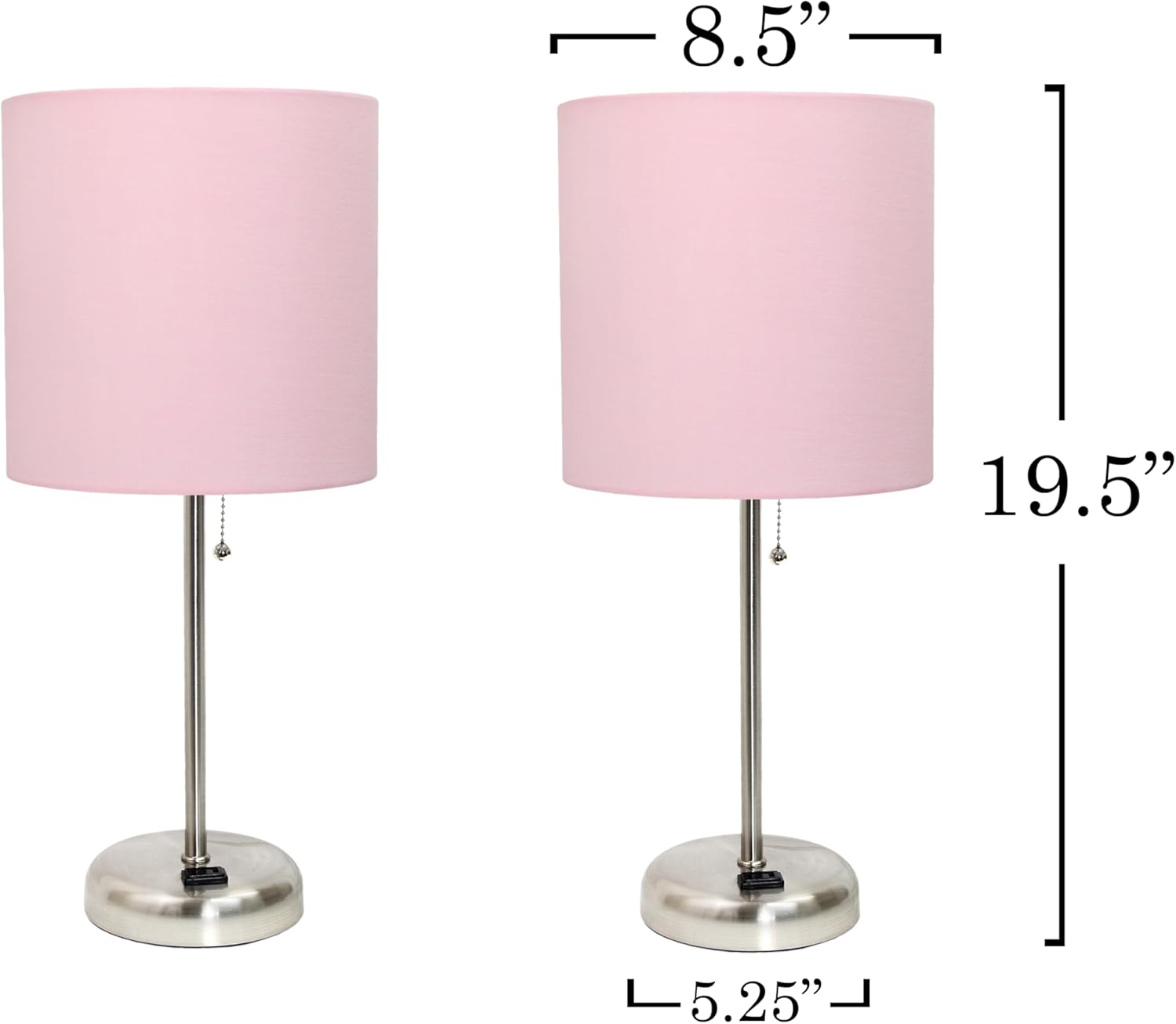 Simple Designs LT1144-LPK-2PK 19.5" 2-Pack Sleek and Slender Brushed Steel Table Lamp with Charging Outlet, for Bedroom, Living Room, Entryway, Office, Dining Room, Study, Light Pink Shades