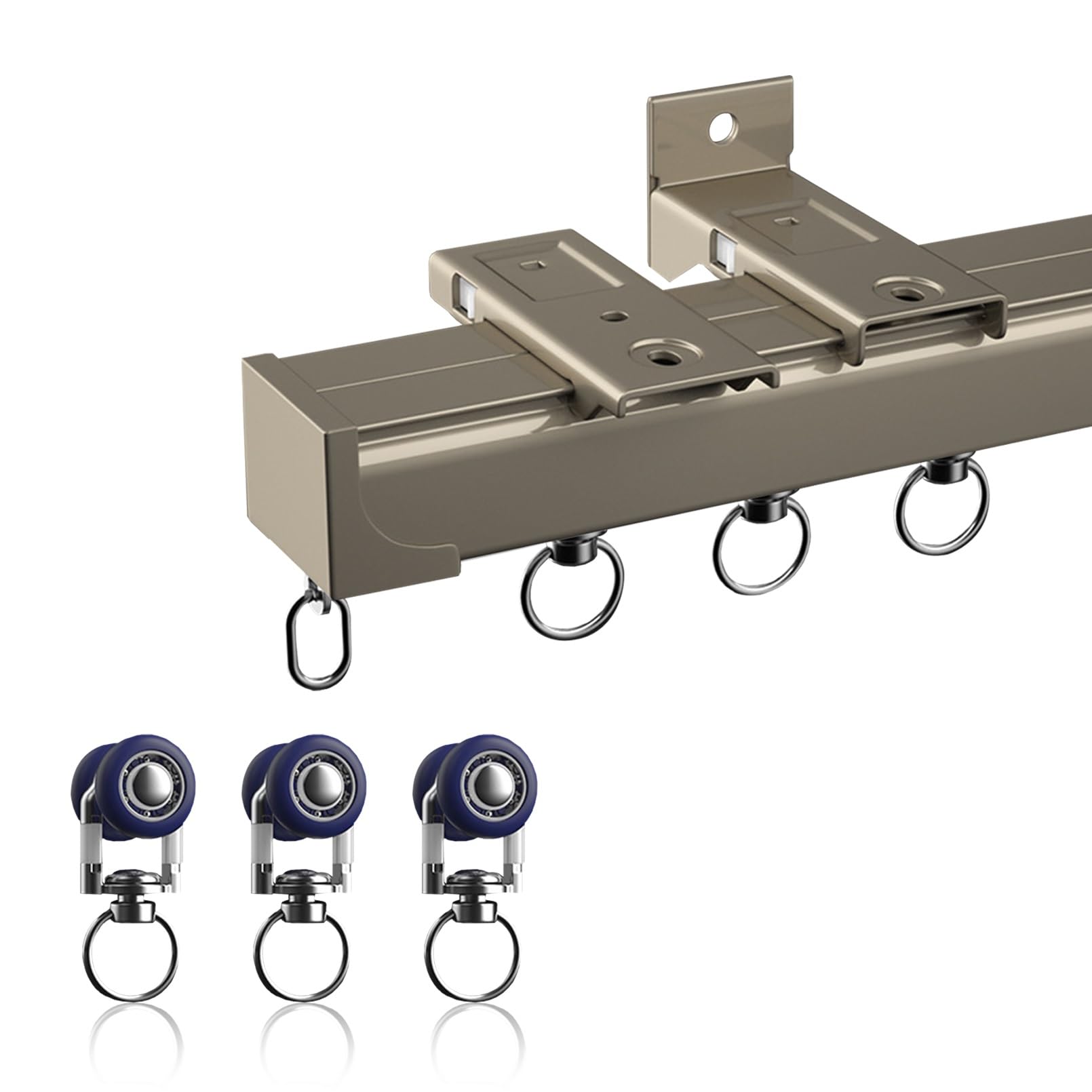Rail de Rideau en Aluminium, Système de Rail de Rideaux Coulissant Multi-usages, Avec Bande Silencieuse et Rouleaux Coulissants for Les, Grand Rail Carré Ultra-robuste, Rail de Rideaux Plafond(Champag