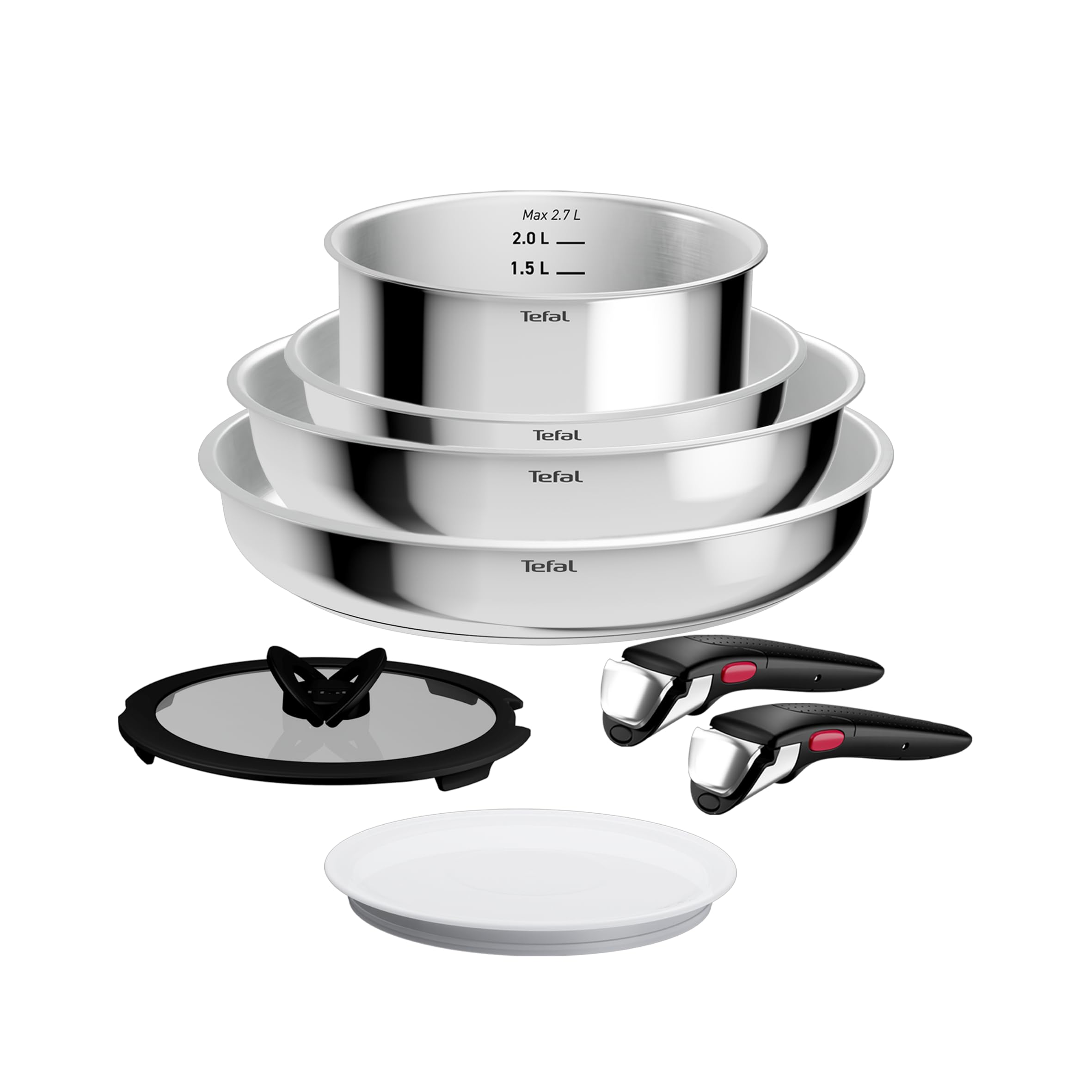 Tefal Ingenio Comfort Max L968S834 - Set di 8 pentole con fondo extra resistente, non sigillato, salvaspazio, segnale termico, per tutti i piani cottura, impugnatura sicura, facile da pulire, in