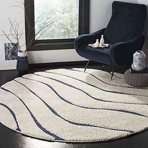 Image of Abstract Wavy Design Round Shaggy Carpet for Living Room, Bedroom, High Low Design Finish Microfiber 1.8 Inch Pile High, 7x7 Feet Cream|Blue Color