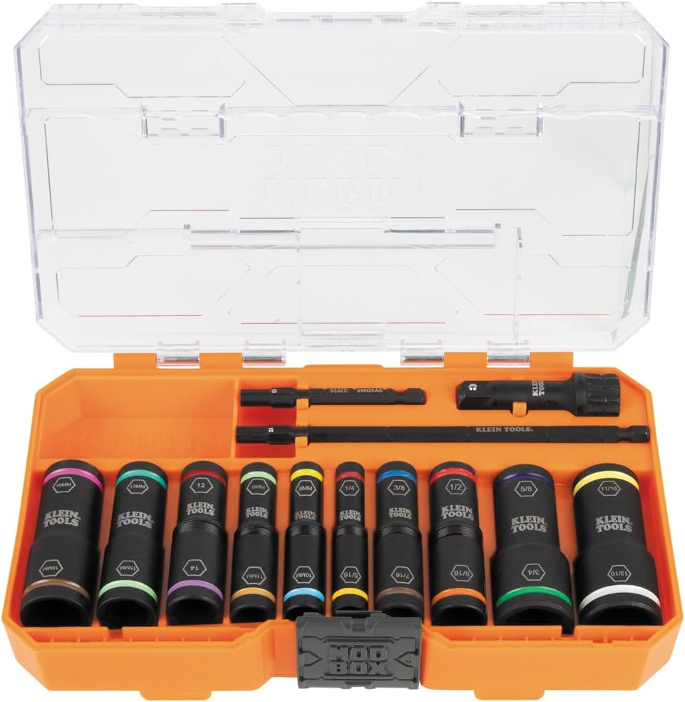 Klein Tools 65239 KNECT Flip-20 Deep Impact Socket Set, 20 SAE and Metric Socket Sizes with MODbox Case, Heavy Duty Flip Sockets with 1/4 and 3/8-Inch Adapters