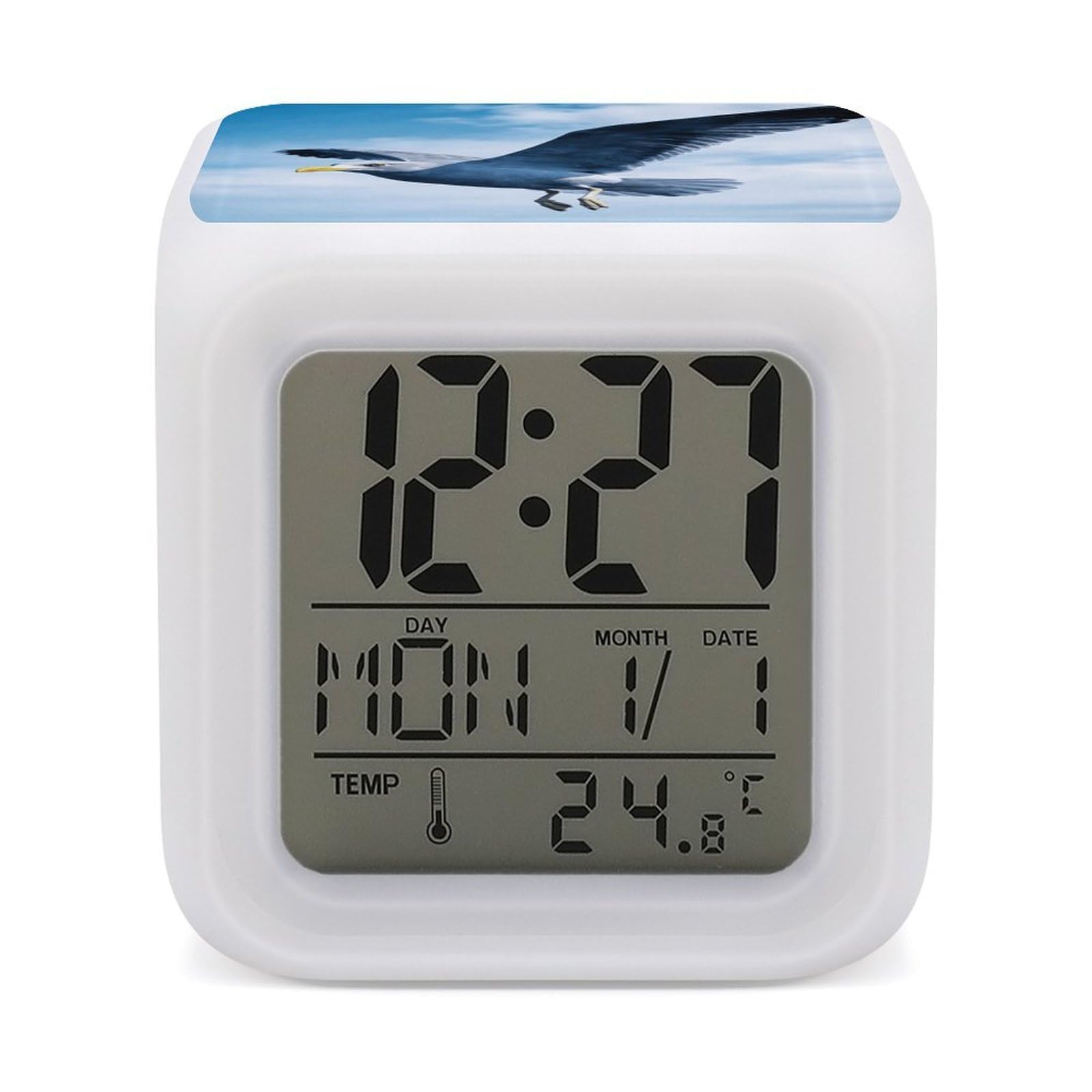 LZQPOEAS Seagull Alarm Clock with 7 Color Changing Nightlight for Bedroom Calendar Temperature Display Wake Up Digital Clock Small Desk Clocks for Heavy Sleepers Adults