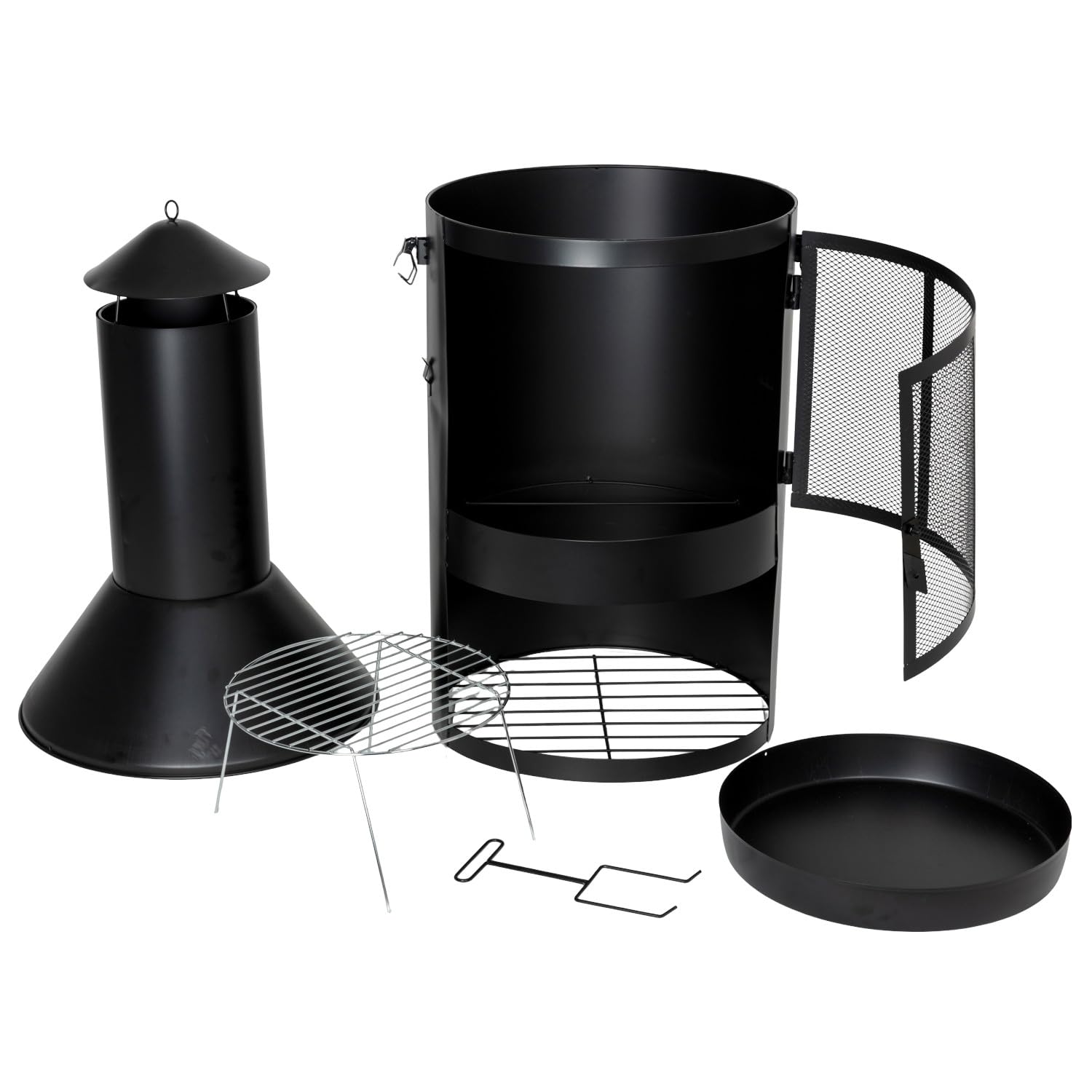 Gartenkamin 134 cm Feuerstelle Terrassenkamin Grill Holzkohle Feuerkorb | BURI Holzlager pulverbeschichtet mit Grillrost und Gabel für Terrassenofen, Gartenfeuer und praktische Outdoor-Nutzung