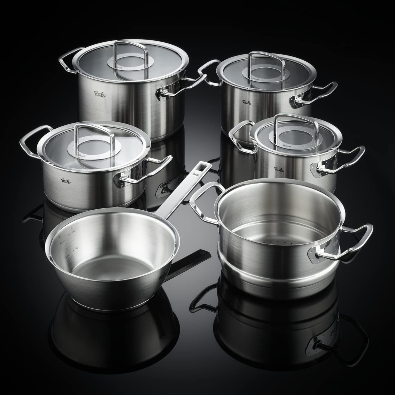 Fissler Original-Profi Collection/Stainless Steel Cooking Pot Set, 6 Pieces, Pots with Glass Lid (3 Saucepans, 1 Saucepan Lid, 1 Steaming Insert) - Induction