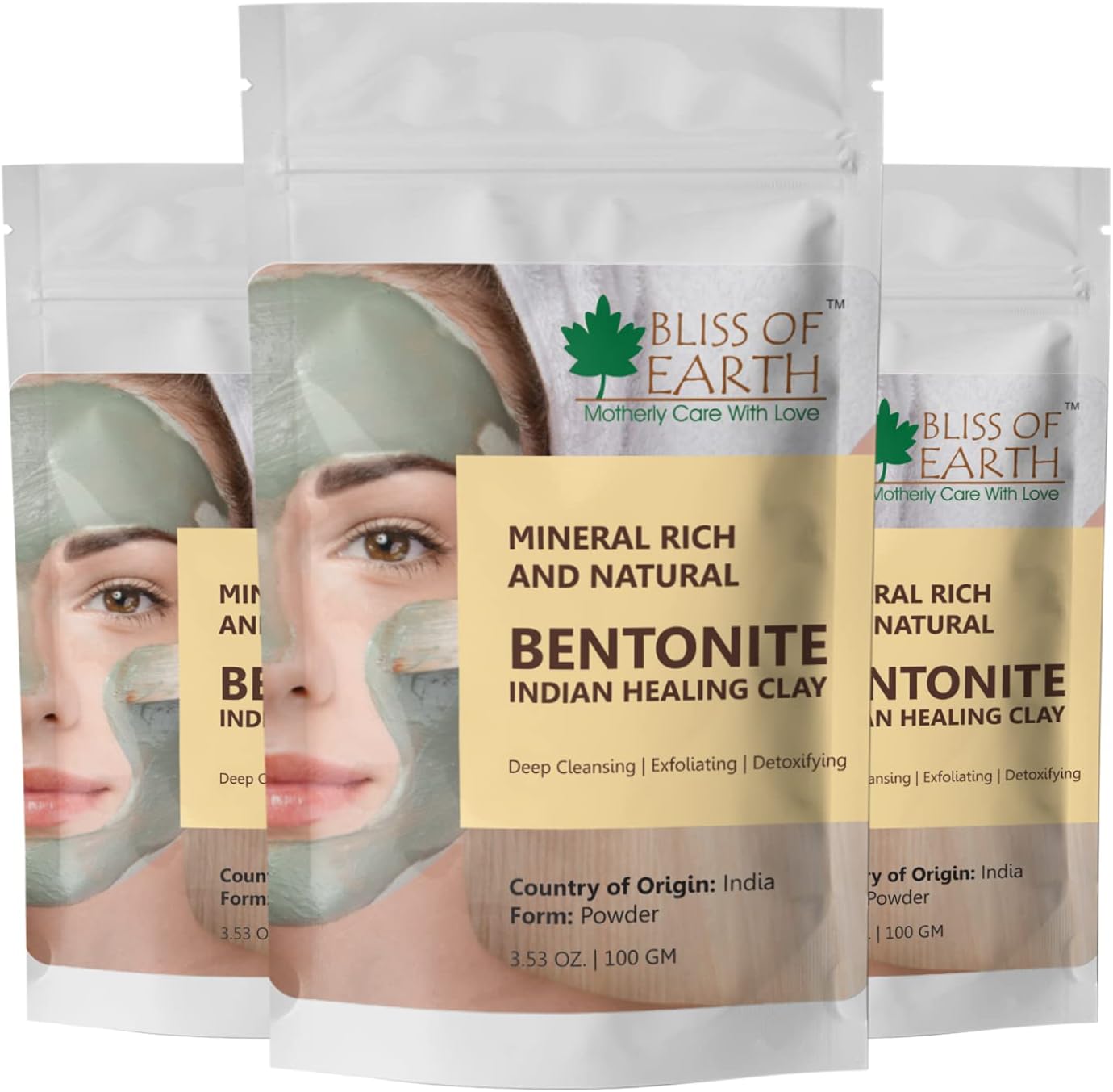 Bliss of Earth Bentonite Clay Powder for Skin, Bentonite Clay Mask for Face & Body, Edible for Weight Loss, Indian Healing Clay for Detoxifying & Deep Cleansing – Pack of 3 x