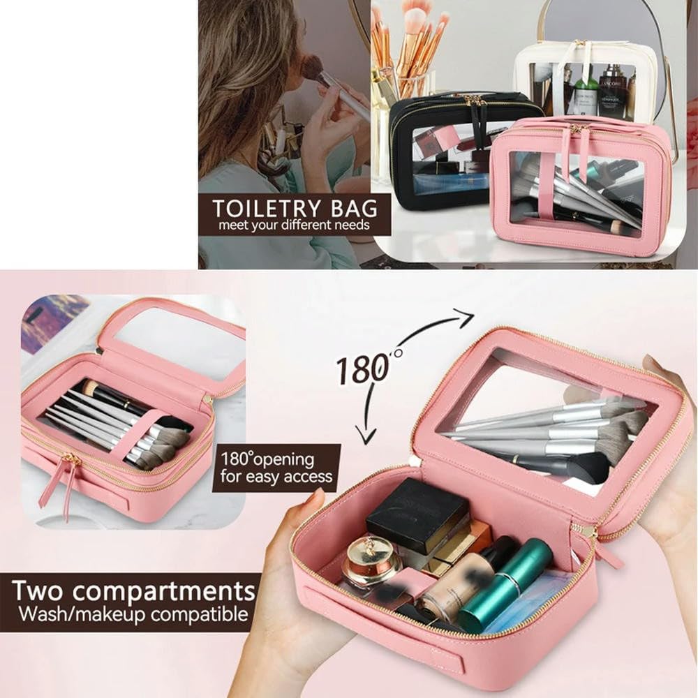 Neceser Transparente de Doble Cara con Cremallera Dorada, de Piel sintética Saffiano, Organizador de Maquillaje, Neceser